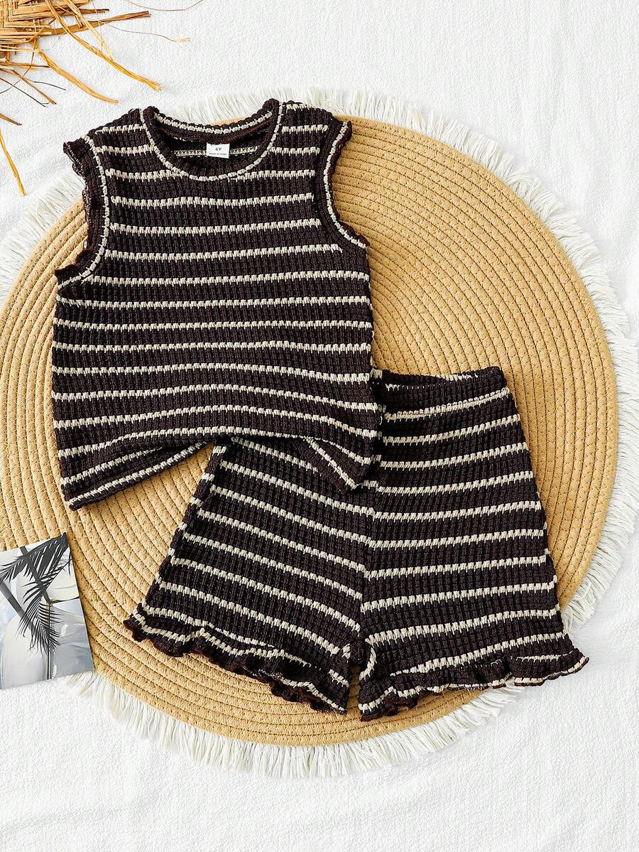 SHEIN Vintaside Kids 2件套女童条纹提花针织宽松背心短裤套装，适合休闲、度假、运动、夏季穿着 - 棕色 - 查看 1