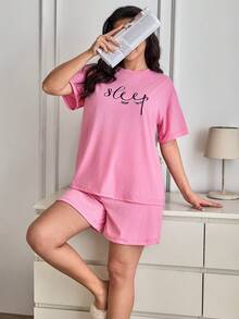 SHEIN 棉质加大码女式两件套粉色撞色睡衣，字母图案细节上衣搭配松紧腰纯色短裤，家居休闲睡衣套装 - 粉色 - 查看 5