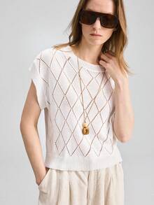 Ontre Loose Slouchy Diamond Hollow Knit Sweater - Beige - View 4