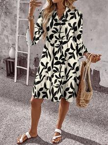 EMERY ROSE Minimalist Leaf Silhouette Print Plus Size Dress, Suitable For Vacation And Date Outfit - Multicolor - View 7