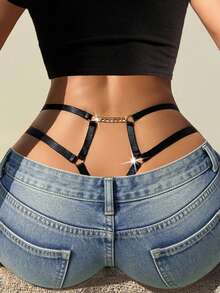 SHEIN Quần lót lọt khe hở trang trí dây xích cho nữ khi đi chơi - màu đen - Xem 4