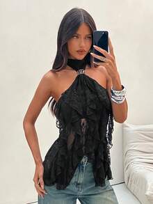 Aloruh 女士优雅多层荷叶边立领修身背心 - 黑色 - 查看 7