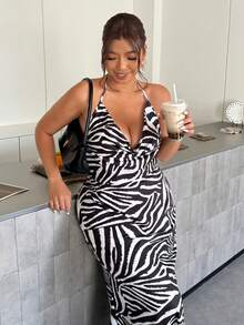 Firerie 女士优雅时尚休闲斑马纹垂褶领长连衣裙，适合日常穿着、音乐节和郊游 - 黑與白 - 查看 5