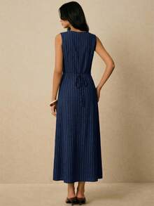 Poéselle Đầm nữ kẻ sọc cổ chữ V cài một hàng khuy, xẻ tà, thích hợp mặc đi làm hoặc hẹn hò. - Màu xanh hải quân - Xem 8