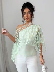 Elenzga 女士时尚优雅不对称领单肩收腰纹理面料纯色衬衫，春夏女士3D花卉网纱拼接收腰纹理面料纯色衬衫，适合婚礼、生日派对等场合，夏季 - 綠色 - 查看 1