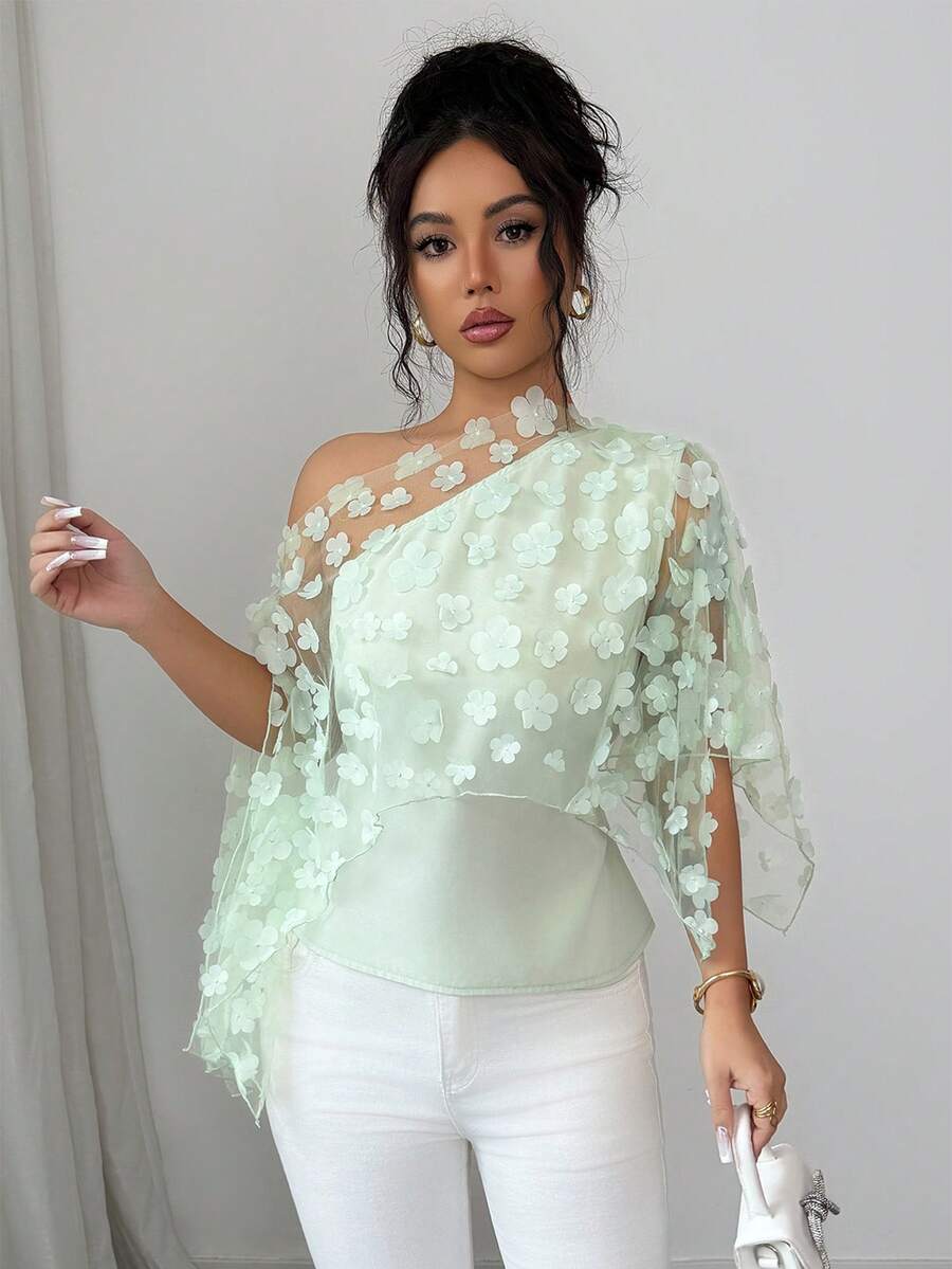 Elenzga 女士时尚优雅不对称领单肩收腰纹理面料纯色衬衫，春夏女士3D花卉网纱拼接收腰纹理面料纯色衬衫，适合婚礼、生日派对等场合，夏季 - 綠色 - 查看 1