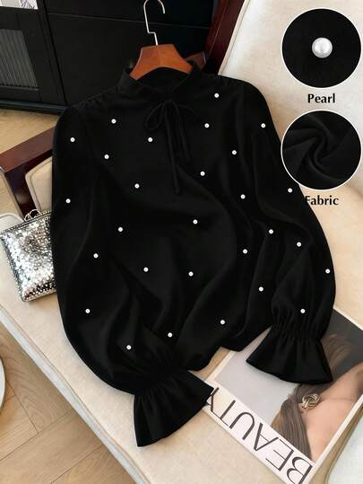 GlowEve CURVE 大码女式优雅简约纯色仿珍珠装饰荷叶边袖宽松衬衫，春秋季