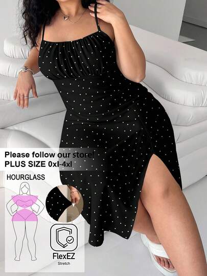 Solflare 大码女式波点印花吊带长裙，沙滩装，春季穿搭，假日派对长裙，夏威夷风情连衣裙，休闲女装，露背花卉开衩下摆休闲长裙