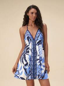 Travachic Women's Tropical Plant Print Backless Mini Dress, Vacation Style - Blue and White - View 3