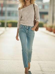 Balvessa All Season New Arrival Loose Fit Crew Neck Raglan Sleeve Ribbed Cuff & Hem Hollow Out Pattern Casual Women Pullover Sweater - Apricot - View 6