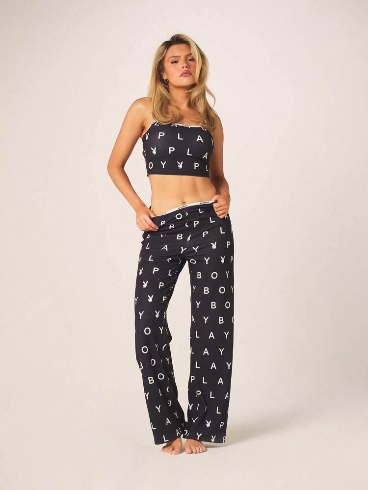 Missguided x Playboy Printed Cami And Wide Leg Trouser Lounge Set With Letter Print Pattern For Relaxed Indoor Comfort And Casual Weekend Wear