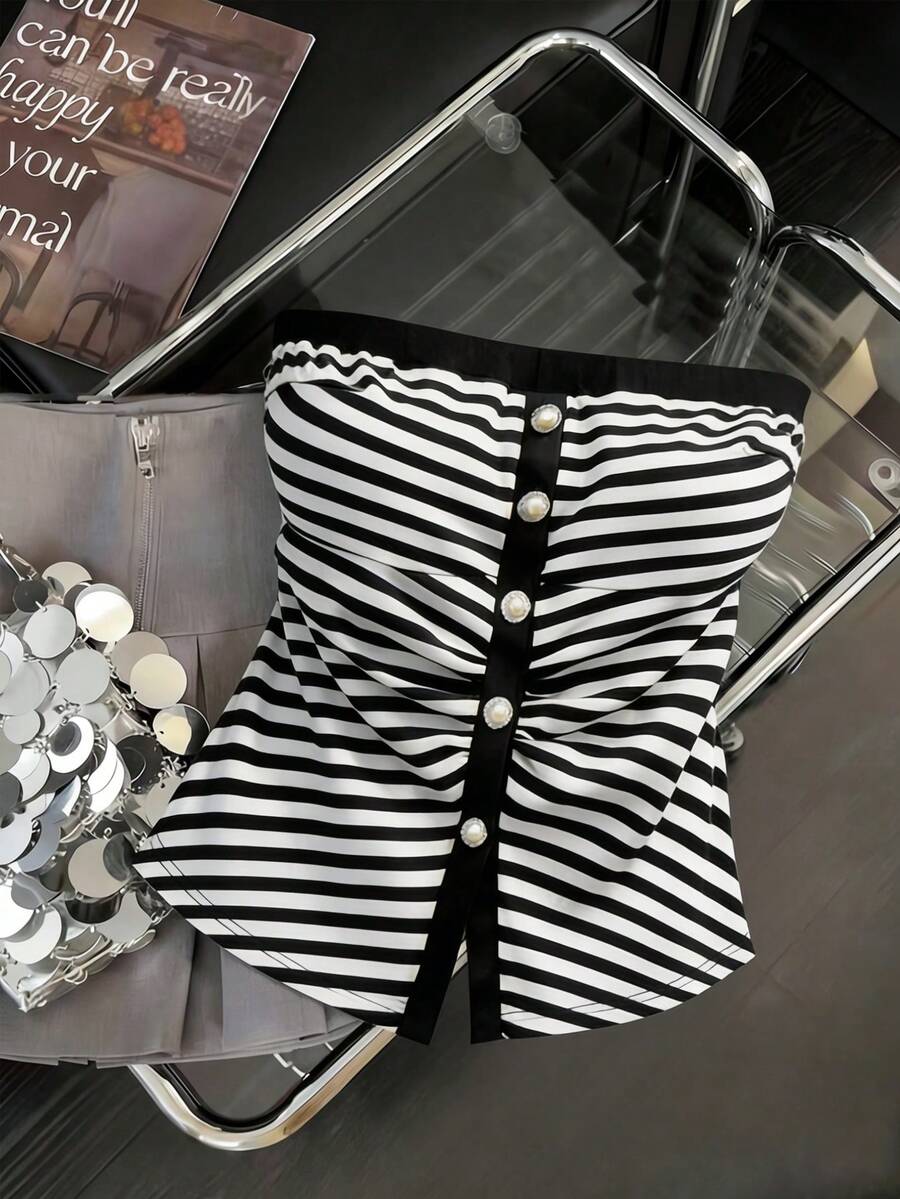 GlowEve CURVE Plus Size Elegant Knit Striped Casual Everyday Commute Date Night Outgoing Pearl Button Front Camisole Tank Top Striped Black And White Corset For Women Summer Inner Wear - Black and White - View 1