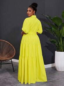 SHEIN CURVE+ 2025 Plus Size Women Solid Color Short Sleeve Spring A-Line Ruched Panel Maxi Dress,Curve Plus ,Hoho Vacation - Yellow - View 2