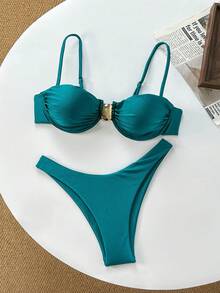 Swim Vcay 纯色吊带钢圈上衣和泳裤女士夏季泳装套装 - 青碧色 - 查看 1
