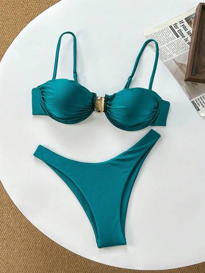 Swim Chiccia 纯色吊带钢圈上衣和泳裤女士夏季泳装套装