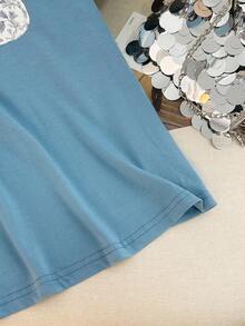 Resyla Women's Cartoon Rabbit Print Round Neck Short Sleeve Casual Versatile T-Shirt - Blue - View 3