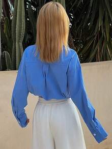 DAZY Blouse ample à manches longues et col plissé, couleur unie, décontractée, pour les vacances, pour l'été - Bleu azur - Voir 2
