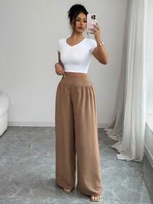 Selianne Linen Loose Flowy Wide Leg Pants, Casual Vacation Style, Suitable For Women In Summer - Apricot - View 7