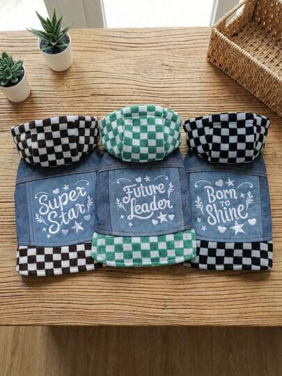 PETSIN 1pc Pet Clothes, Checkered Blue Pet Hooded Jacket, Universal Clothes For Cats And Dogs, Three Colors To Choose From, Slogan Embroidered Cat And Dog Jacket