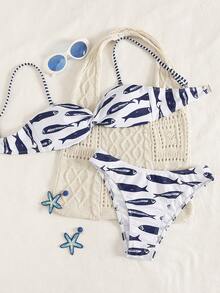 Swim Vcay 新款春夏蓝色鱼纹吊带扭结露脐上衣和低腰短裤度假两件套 - 彩色 - 查看 6