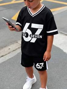 SHEIN 2件装儿童/青少年男童休闲学院风印花圆领宽松短袖T恤 - 黑色 - 查看 6