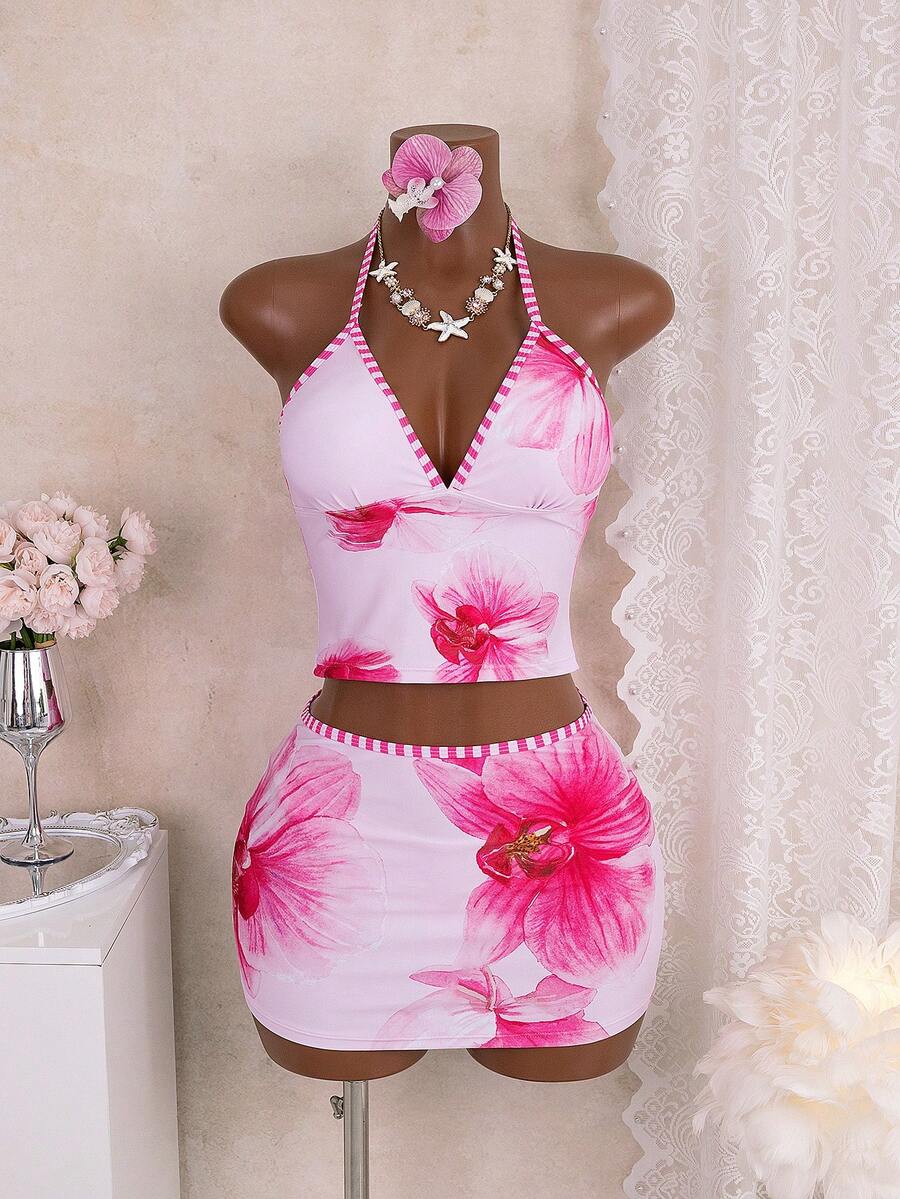 Bonvoyette Women's Spring/Summer Spaghetti Strap Tankini Set, Casual Vacation Elegant Pattern 3-Piece Set Including Triangle Bottoms Tankini Swimwear - Multicolor - View 1