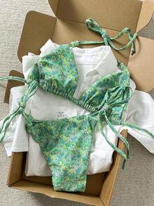 Swim Mod Conjunto de bikini con collar de cuentas con estampado aleatorio para mujer, primavera/verano - Multicolor - Ver 3