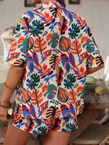 SHEIN LUNE 女士加大码两件套休闲碎花短裤套装 - 彩色 - 查看 2