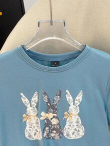 Resyla Women's Cartoon Rabbit Print Round Neck Short Sleeve Casual Versatile T-Shirt - Blue - View 4