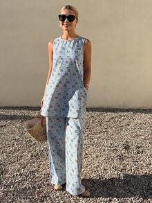 DAZY Women's Floral Print Sleeveless Long Tank Top And Wide Leg Pants Casual Summer 2 Pieces Set - Blue - View 4