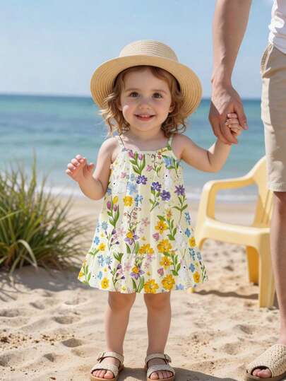 Infant & Toddler Rabbit & Ditsy Floral Hem Ruffle Strap Dress, Suitable For Summer Daily Wear, Outings, Travel, Vacation, Parties