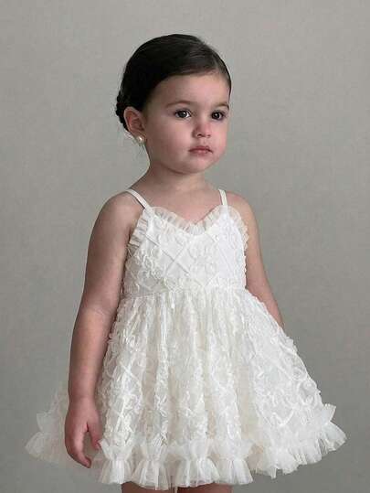 Babygirl Elegant White Floral Mesh Strap Dress, Formal Gown Sleeveless Baby Dress Baby Girl Lace Dress Ivory Baby Dress Toddler White Dress Wedding Baby Girl White Dress