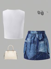 SHEIN Tween Girl Heart Pattern Knit Casual Vest And Mini Skirt 2 Pieces Set - White - View 2