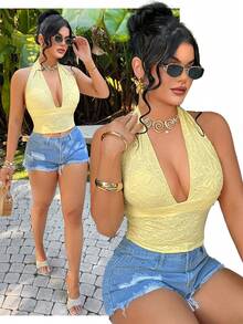 SHEIN SXY Women's Textured Deep V-Neck Backless Sexy Camisole For Beach Vacation,Summer ,Spring ,Vacation,Beach, Going Out ,Yellow, Summer Crop Tops Women, Sexy Summer Top, Yellow Crop Top Women, Yellow Summer Top , Ibiza - Yellow - View 6