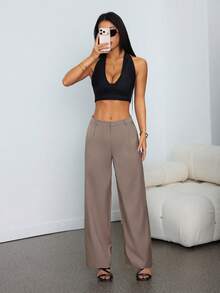 SHEIN PETITE Pantalones casuales de unicolor con bolsillo en diagonal para mujeres, pantalones de vestir de pierna ancha, pantalones informales de negocios para mujeres, ropa de otoño e invierno para mujeres, ropa elegante para salir, ropa formal de otoño para mujeres, pantalones elegantes y chic para salir - Caqui - Ver 6