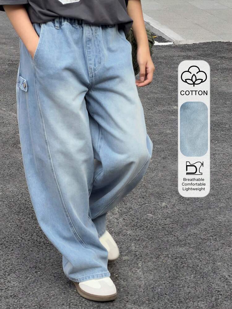 Tween Girls' Pocketed Wide Leg Loose Casual Versatile Jeans