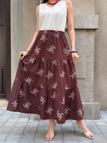 SHEIN Clasi Women's Elastic Waist Floral Embroidery Pattern Boho Skirts,Dark Brown Autumn Long Summer Skirt,Vacation Holiday Floral Print Casual Elegant Skirt - Rust Brown - View 8