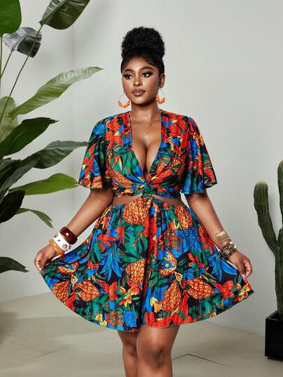 Maweii 大码女式菠萝印花镂空腰部荷叶袖休闲连衣裙