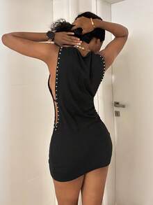 StreetHx 女士铆钉圆领无袖露腰紧身连衣裙 - 黑色 - 查看 2