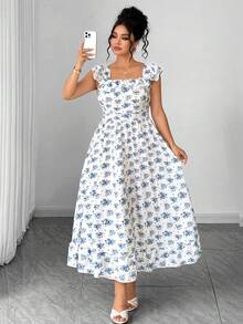 Elenzga Plus Size Elegant Ditsy Floral Sleeveless White Summer Bridal Wedding Guest Dress, Ruffle Strap Picnic Photoshoot Dresses For Women, Wedding - Blue and White - View 6