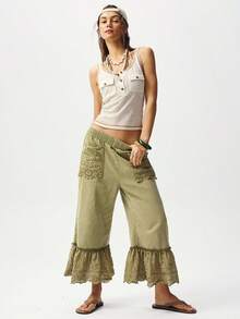 Bohemela 休闲梭织牛仔拼接蕾丝下摆宽松直筒七分裤 - 綠色 - 查看 6