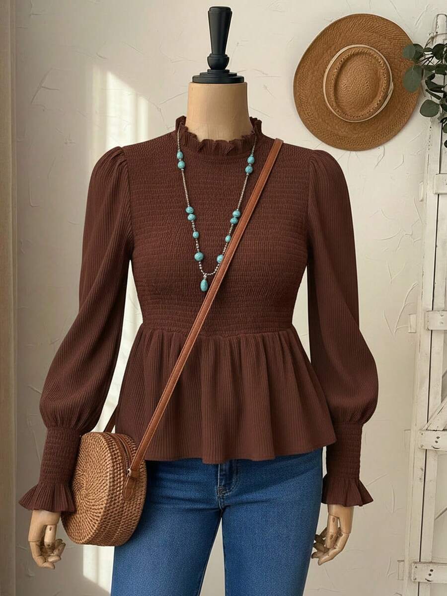 SHEIN Clasi Damen neue elegante plissierte strukturierte Langarm Bluse, geeignet für täglichen Arbeitsweg, Büromode und vielfältige Anlässe, Frühlings-Karnevals-Kostüm für Damen, Oster-Sommer-Urlaubstag, elegantes Geschenk für Mutter, Festival, Stranddate Nacht