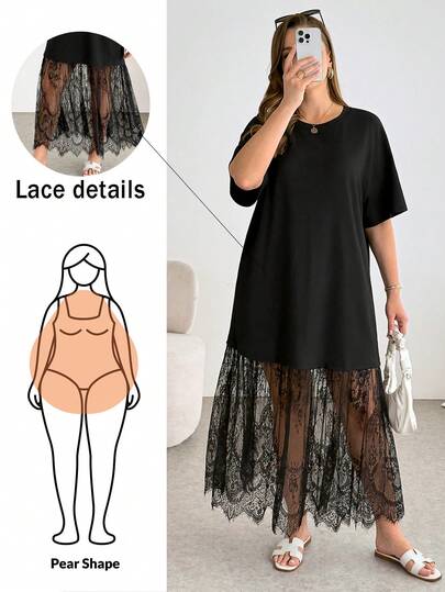 Shapeblank Vestido largo de manga corta negro con ribete de encaje, cómodo y versátil para uso diario, de estilo sencillo, para mujeres de talla grande, para primavera/verano