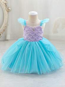 SHEIN Glamorique Kids Đầm công chúa cho bé gái, dây mảnh, tay ngắn, màu tím và xanh dương, kiểu đầm dạ hội, họa tiết vảy cá in kỹ thuật số, dễ thương, thích hợp cho tiệc sinh nhật, đám cưới, lễ hội hoặc các dịp trang trọng. - Màu xanh lam - Xem 4