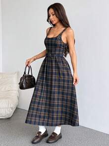 SHEIN PETITE Women Plaid Strap Dress , Teacher Dress,Casual Dress,Fall Dresses,4th Of July Women Outfits,Long Dress - Multicolor - View 7