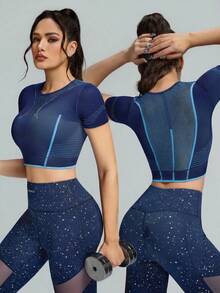 Innovista 女士极简印花圆领短袖网球衫 - 藍色 - 查看 4