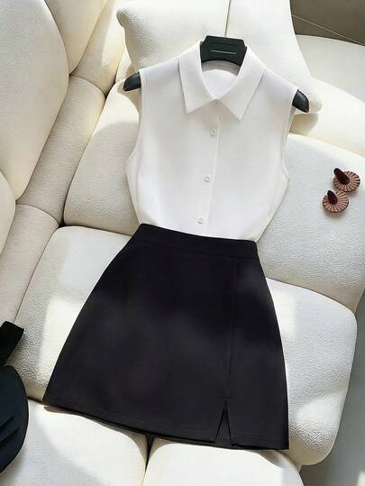 Franclia 女士优雅通勤纯色单排扣无袖衬衫和中长裙套装，春夏款