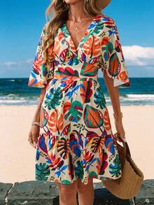 Sylviya 女士休闲树叶印花沙滩连衣裙，度假 - 彩色 - 查看 7