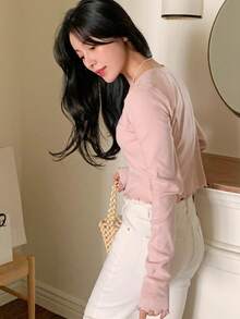 DAZY 女士V领修身系带T恤开衫 - 杏色 - 查看 7