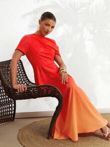 Amorya 女士渐变短袖连衣裙 女士夏季连衣裙 女士夏季套装 女士休闲连衣裙 女士日落连衣裙 女士度假连衣裙 - 橘色 - 查看 4